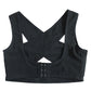 Women’s black mesh shoulder support bra with crossed straps and front hook-and-eye closure.