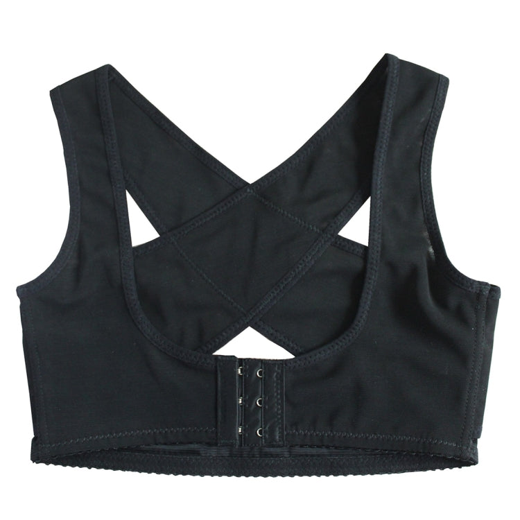 Women’s black mesh shoulder support bra with crossed straps and front hook-and-eye closure.
