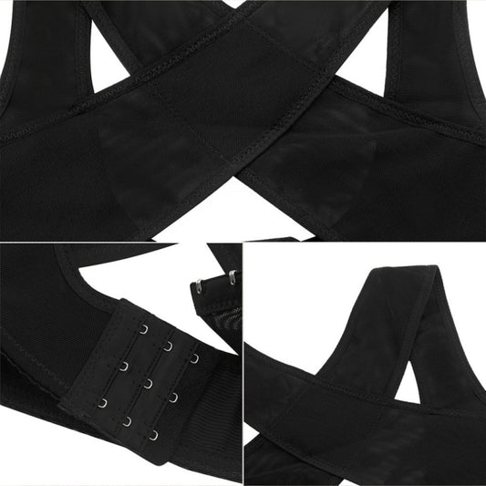 Women’s black crossed-strap shoulder support bra with multiple rows of hook-and-eye tabs.