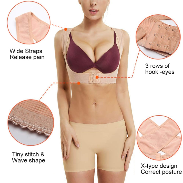 Women’s skin-tone posture shoulder support bra with wide straps and front hook-and-eye closure.