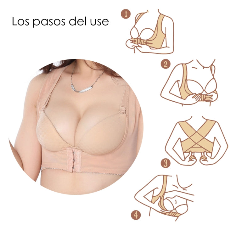 Skin-tone shoulder support bra with crossed straps and front hook-and-eye closure.
