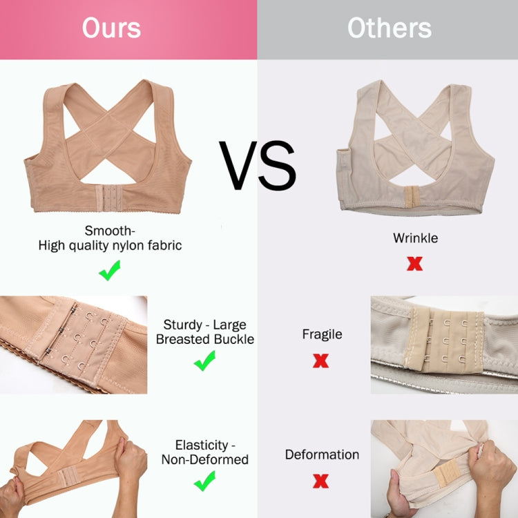 Women’s skin-tone crossed-strap shoulder support bra with hook-and-eye front closure.