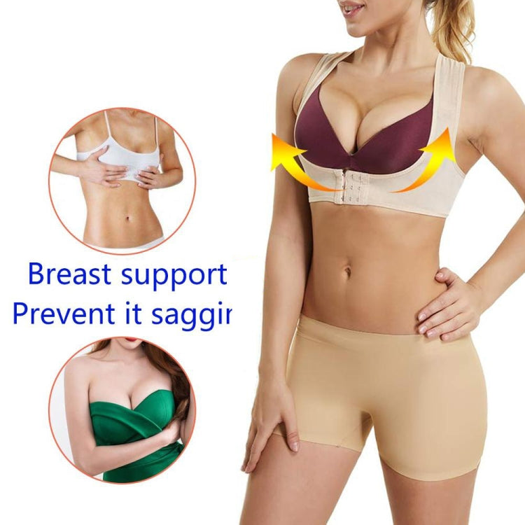 Flesh-tone posture support shoulder belt worn on torso, front and side angles.