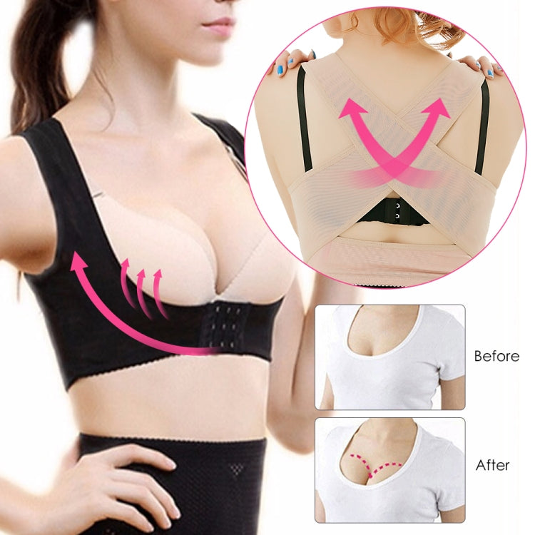 Flesh-toned shoulder brace with crossed back straps and front hook-and-eye closure