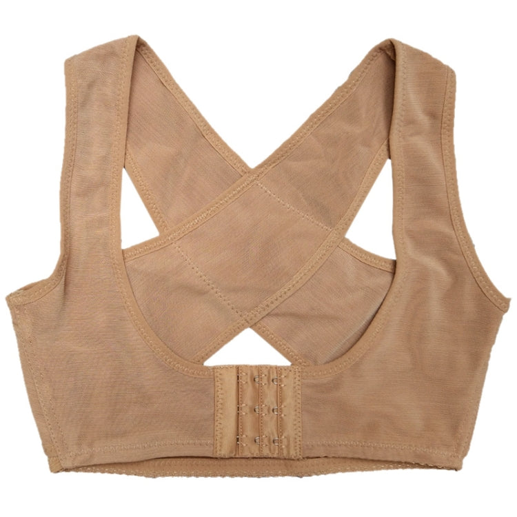 Flesh-tone V-neck orthopedic shoulder support bra with wide straps and hook-and-eye fastening