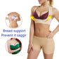 Beige shoulder support bra with wide straps and front hook-and-eye closure, worn by model