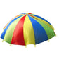 Multicolor rainbow parachute play toy with handle straps, open with panels