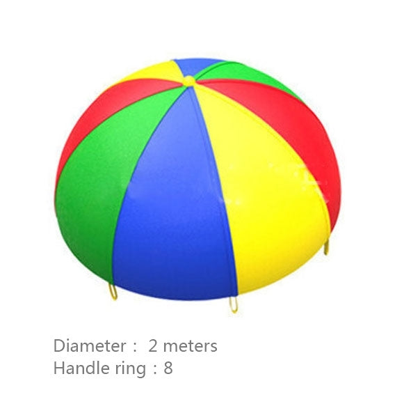 Rainbow parachute play toy with bright panels and 8 handle loops