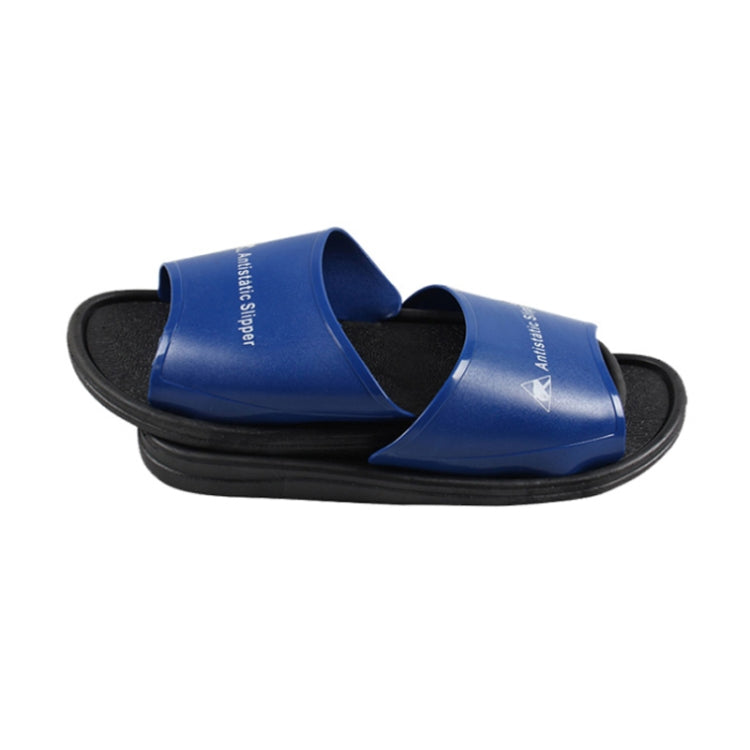 Blue PVC open-toe slippers with black anti-skid outsole, side-by-side view