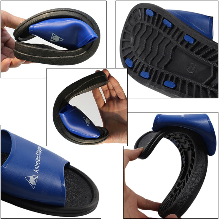 Close-up collage of blue PVC slippers: logo details, sole texture, and underside