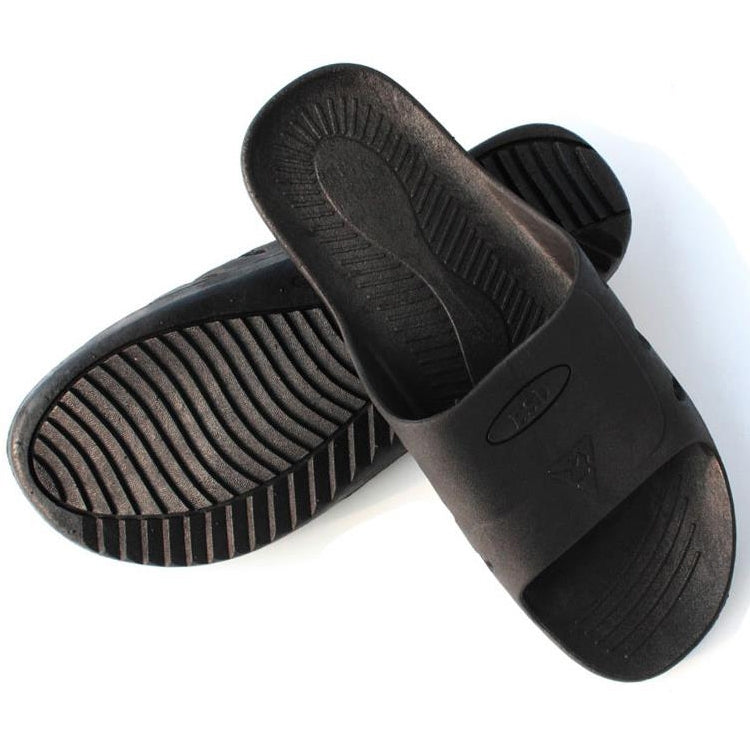 Black slide slippers with anti-slip outsole tread and textured footbed