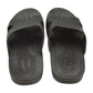 Black slide slippers shown from heel side, molded textured insole with logo