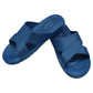 Blue X-strap slide sandals with textured footbed and non-slip sole, size 38