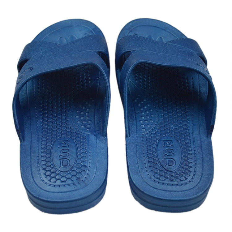 Blue slide slippers with textured footbed and grip outsole, size 38