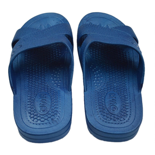 Blue slide slippers with textured footbed and grip outsole, size 38