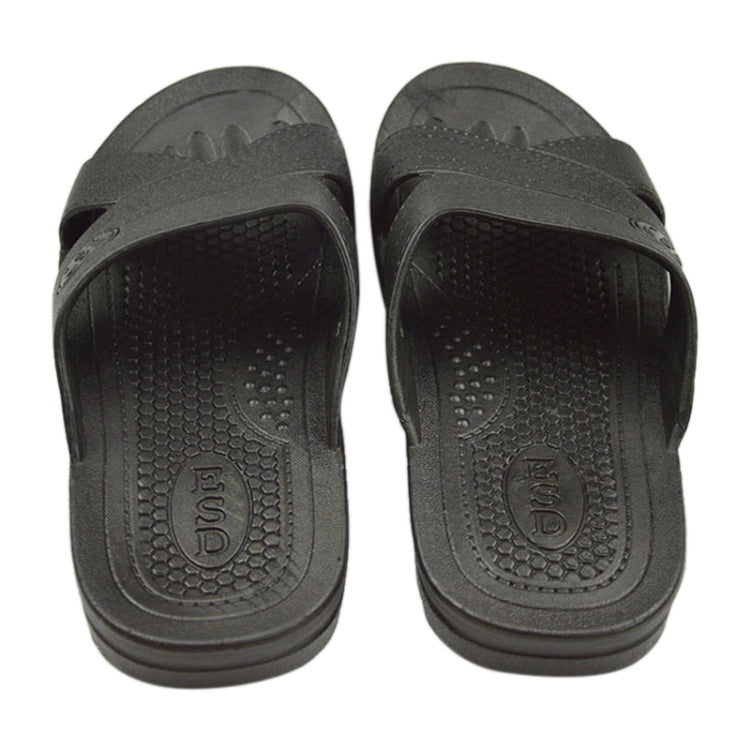 Black slide slippers, size 44, underside view with patterned non-slip outsole