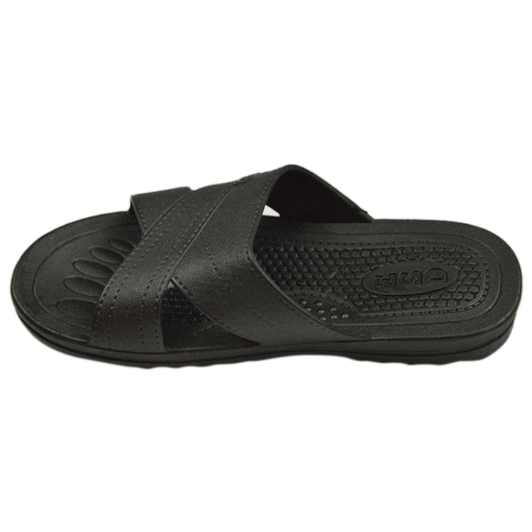 Black X-strap slide slippers, size 44, side profile with textured massage-style footbed