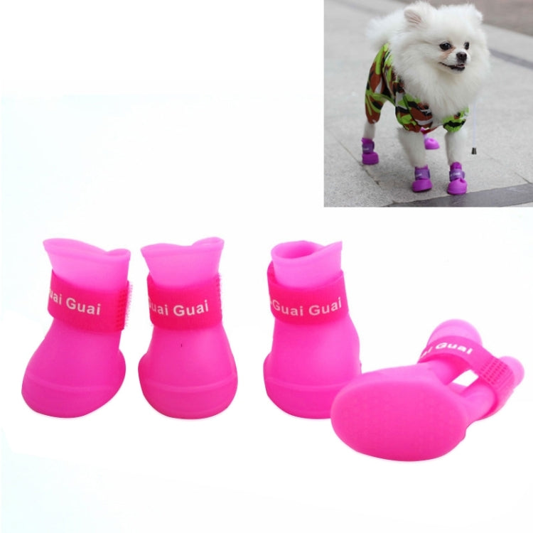 Pink waterproof rubber dog booties with strap cuffs, padded sole, set of two