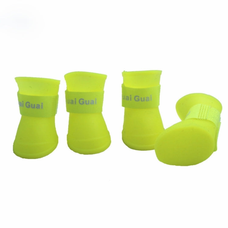 Neon yellow-green rubber dog rain boots set, grippy textured sole