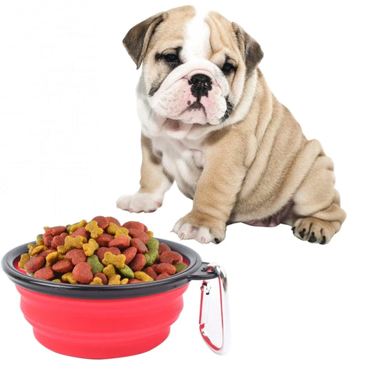 Red folding silicone pet bowl with black rim and clip, shown filled with kibble
