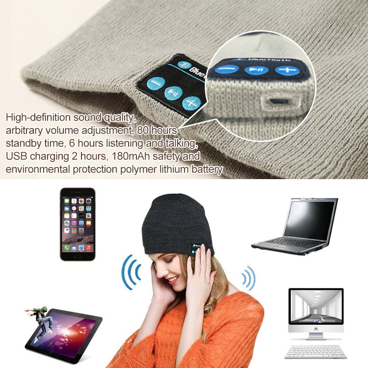 Light gray knitted beanie with Bluetooth control panel patch on the cuff.