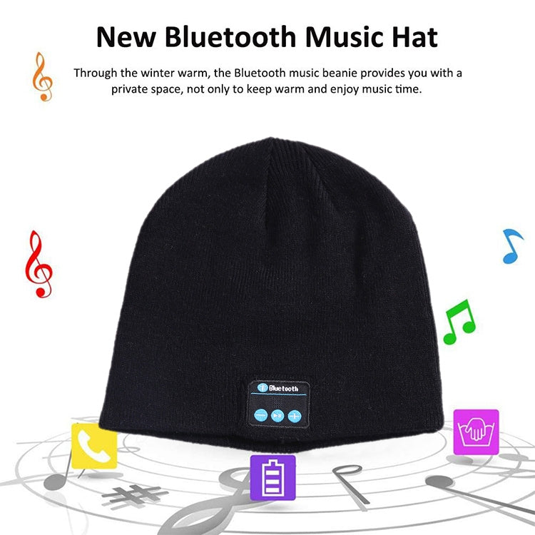 Black knitted beanie with Bluetooth control panel patch centered on the front.