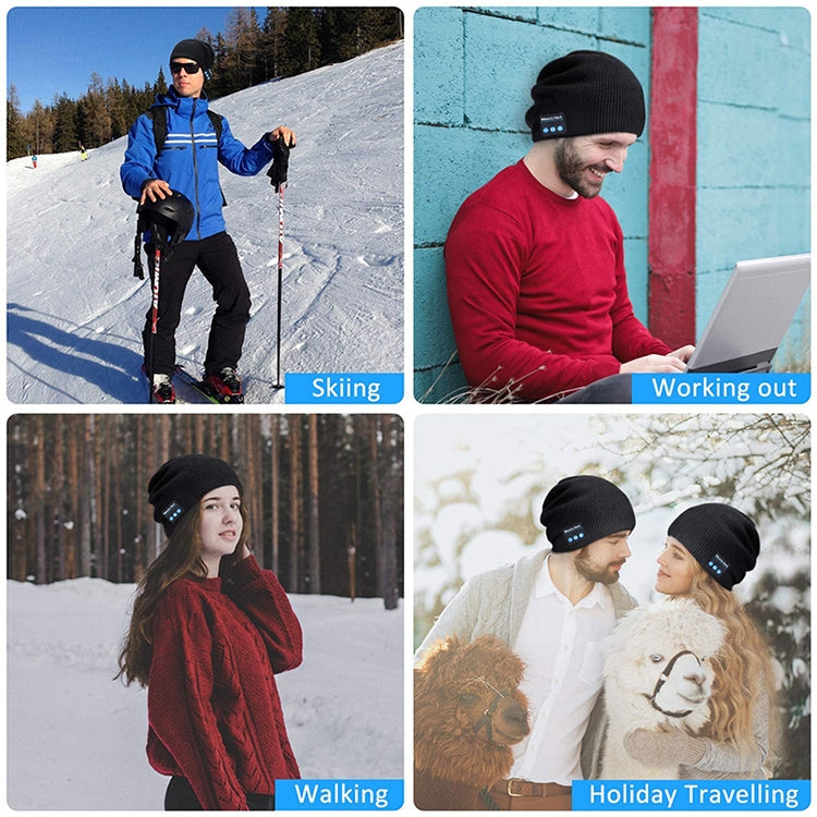 Black knit beanie worn by people in outdoor and travel settings.