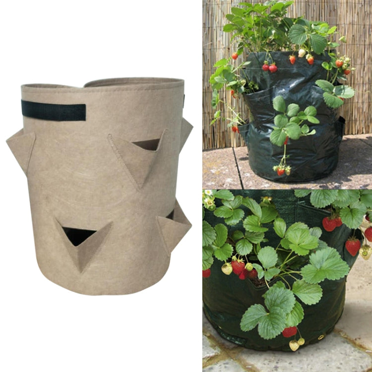 Non-woven felt strawberry planting bag with six side pockets, gray fabric and black handle