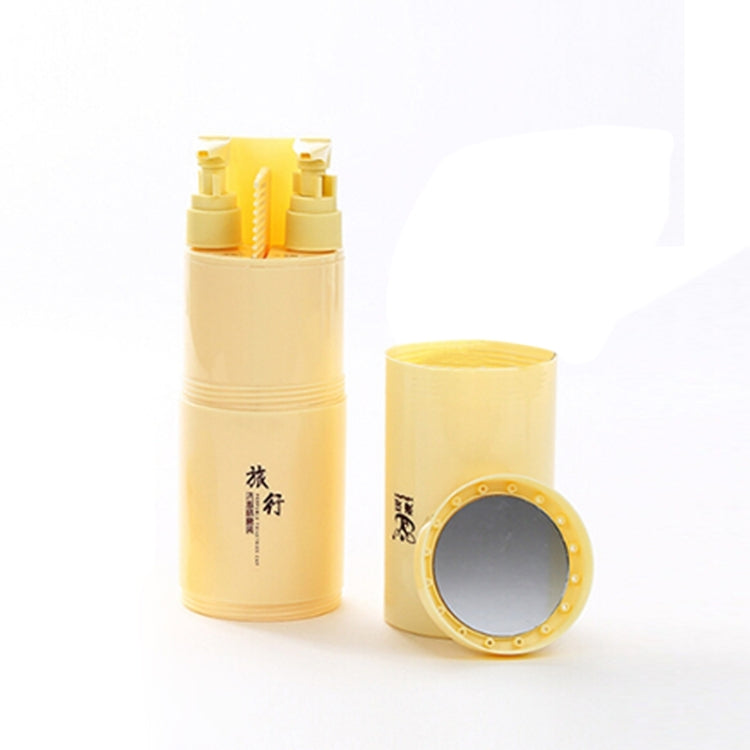 5-in-1 travel wash kit with bottles and round mirror, yellow portable dispenser set
