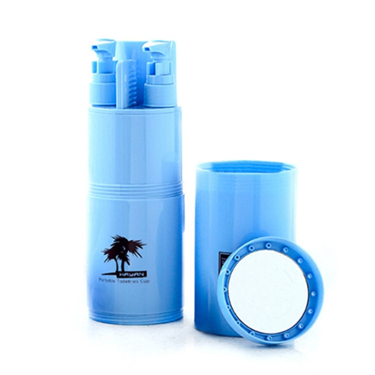 5-in-1 travel wash kit with blue bottles, comb, and round mirror lid