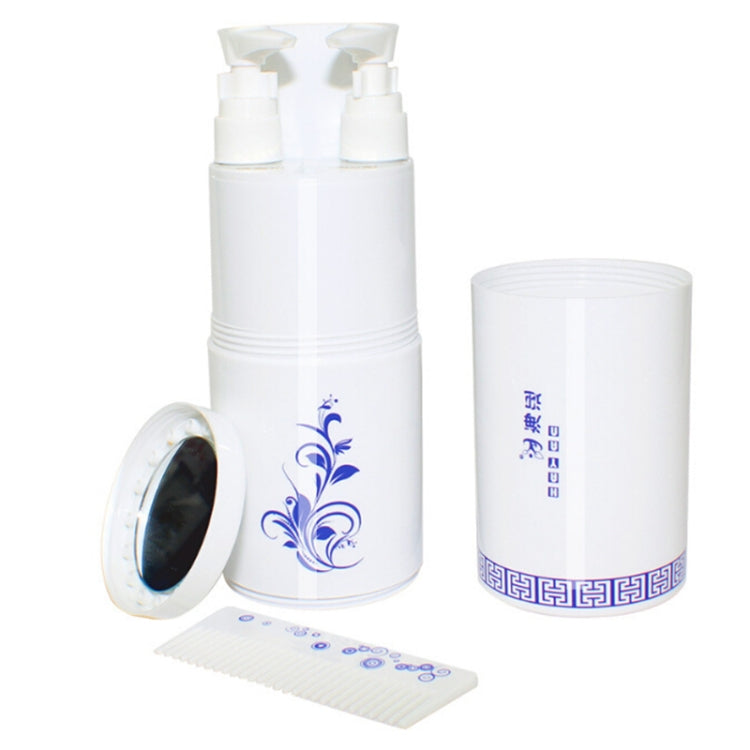 5-in-1 travel wash kit in white with pump bottles, mirror cap, and comb