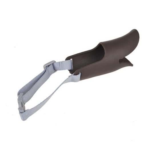 Dark brown silicone duck-mouth muzzle with gray adjustable straps for dogs