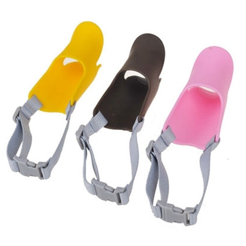 Yellow, brown, and pink silicone duck-mouth pet muzzles with gray straps