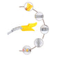 Yellow silicone duck-mouth muzzle with gray straps and strap detail