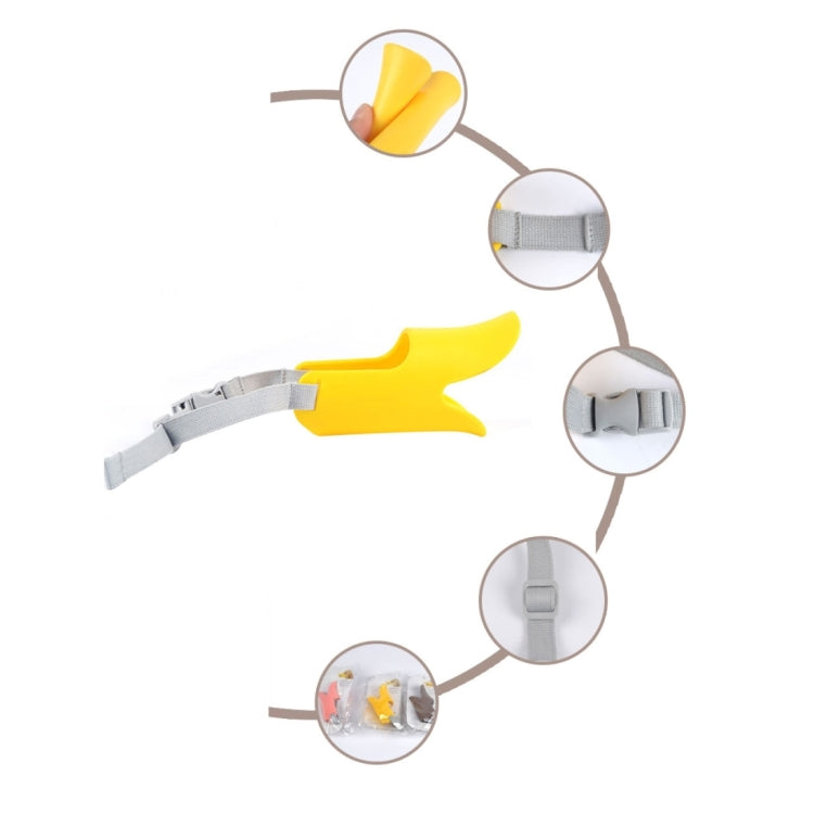 Yellow silicone duck-mouth muzzle with gray straps and strap detail