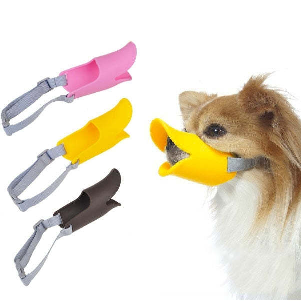 Pink, yellow, and dark brown silicone duck-mouth muzzles with gray straps