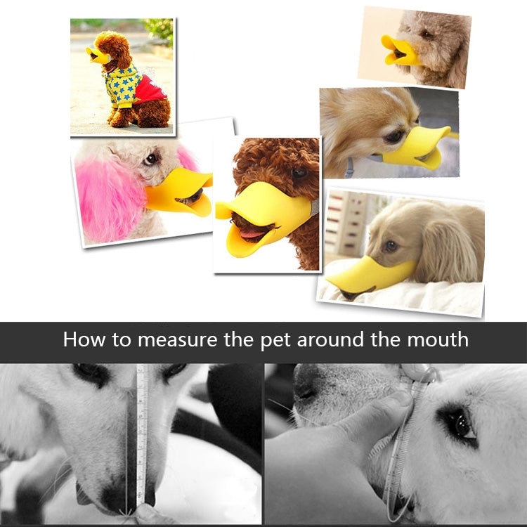 Yellow silicone duck-mouth muzzle with gray straps on pets, fit guide shown