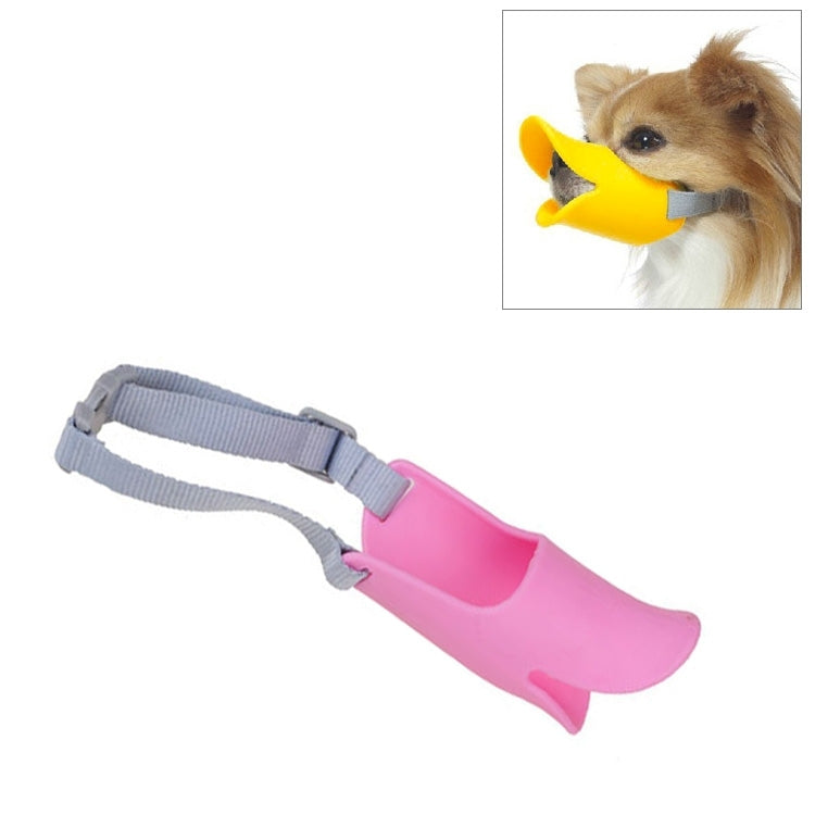 Pink silicone duck-mouth dog muzzle with adjustable fabric strap