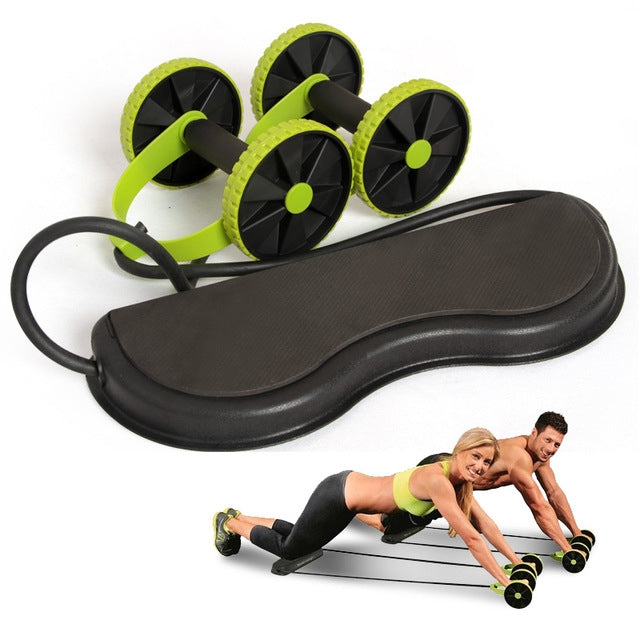 Exercise abdominal wheel with resistance ropes, black foot pad and green wheel discs