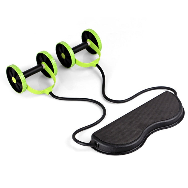 Ab exercise wheel set with black handles, green wheel discs, and black foot pad