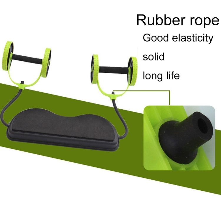 Ab exercise wheel with green wheel discs, black rope handles, and foot pad