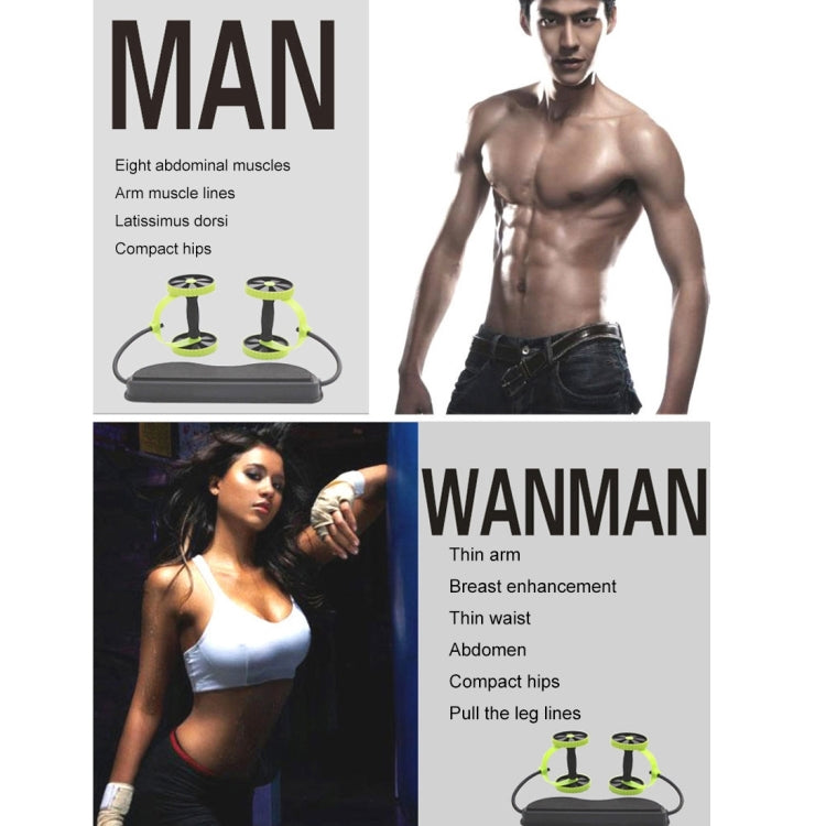 Man exercising with an ab wheel resistance set, green discs and black foot pad
