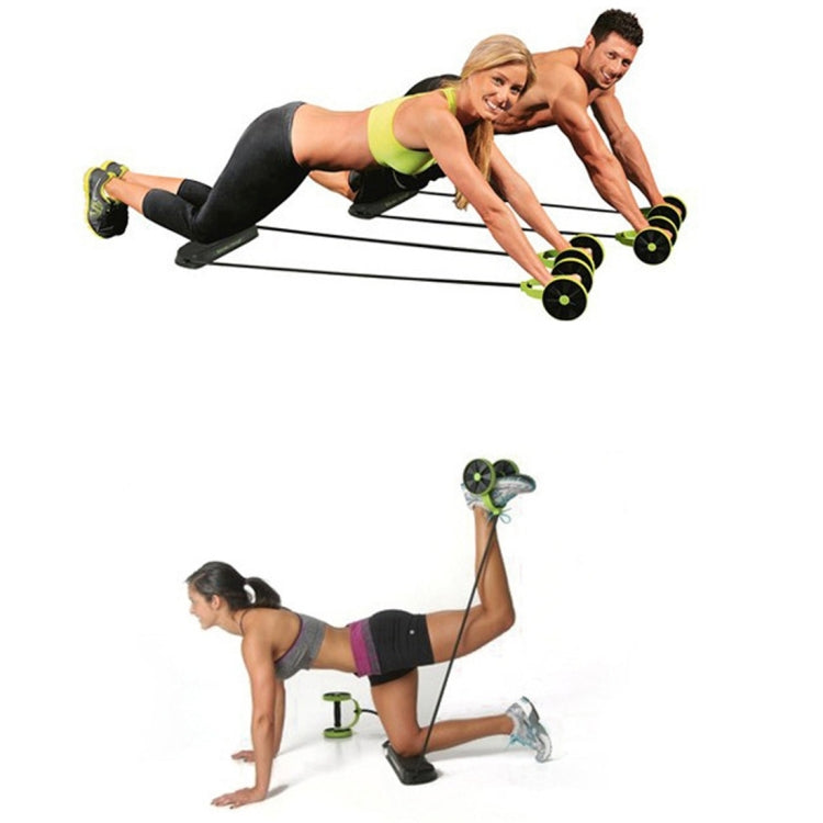 People using an ab wheel with resistance ropes, green wheel discs and black pad