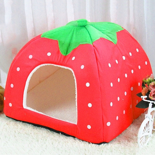 Red strawberry-shaped foldable plush pet house nest with green leaf and front opening