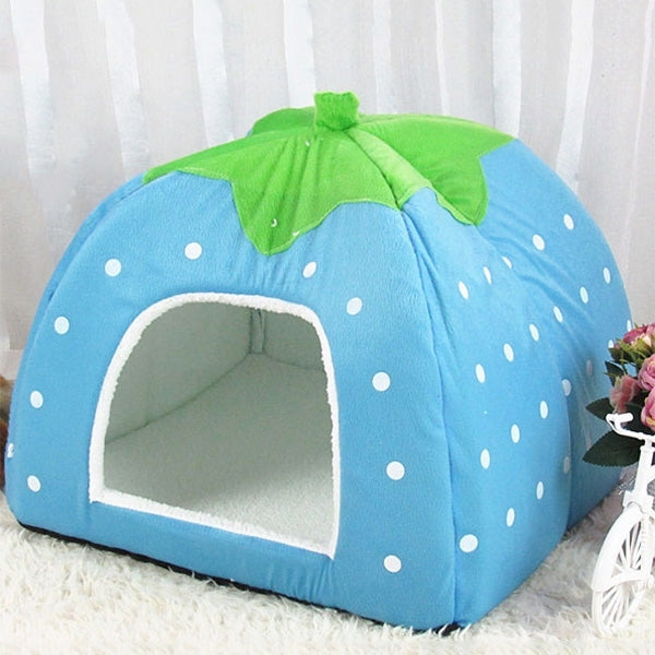 Blue strawberry-shaped plush pet nest with green leaf top, white dots, open front