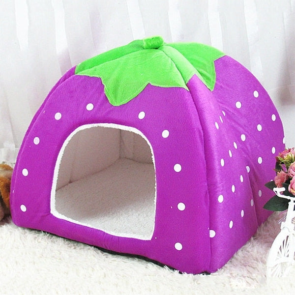 Purple strawberry-shaped plush pet nest with green leaf top, white dots, open front