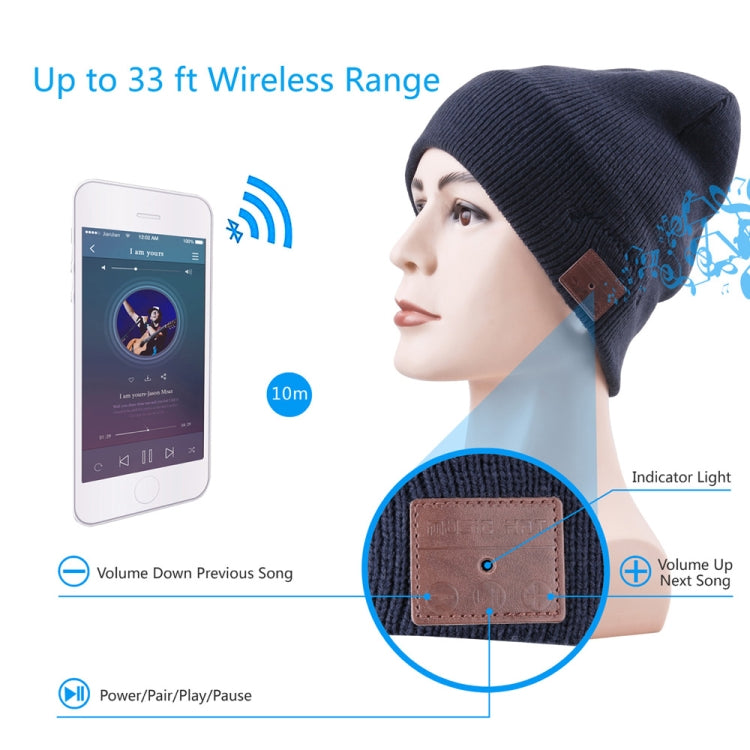 Navy blue knit beanie on a person’s head with brown control patch