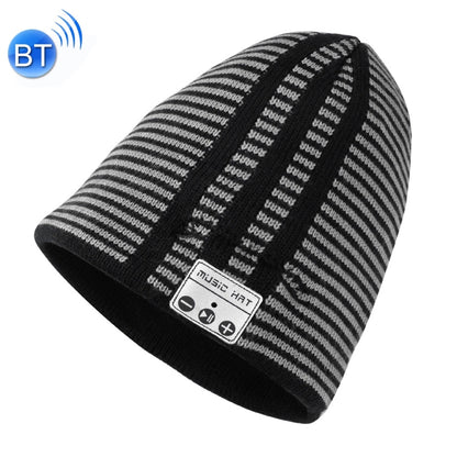 Black and gray striped knit beanie with fold-over cuff and small control patch