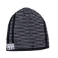 Black and gray striped knit beanie hat with fold-over cuff and control buttons