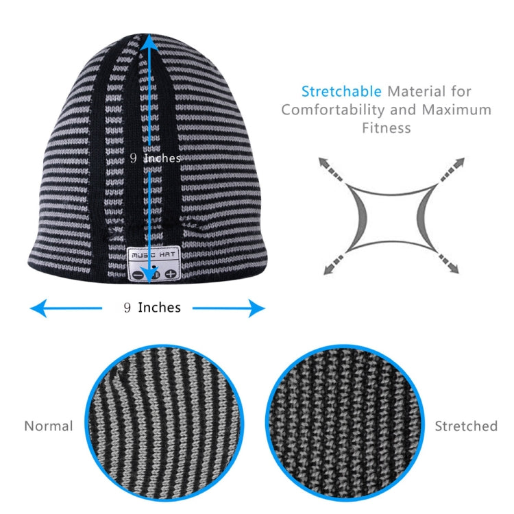 Black and gray striped knit beanie hat with fold-over cuff and control patch